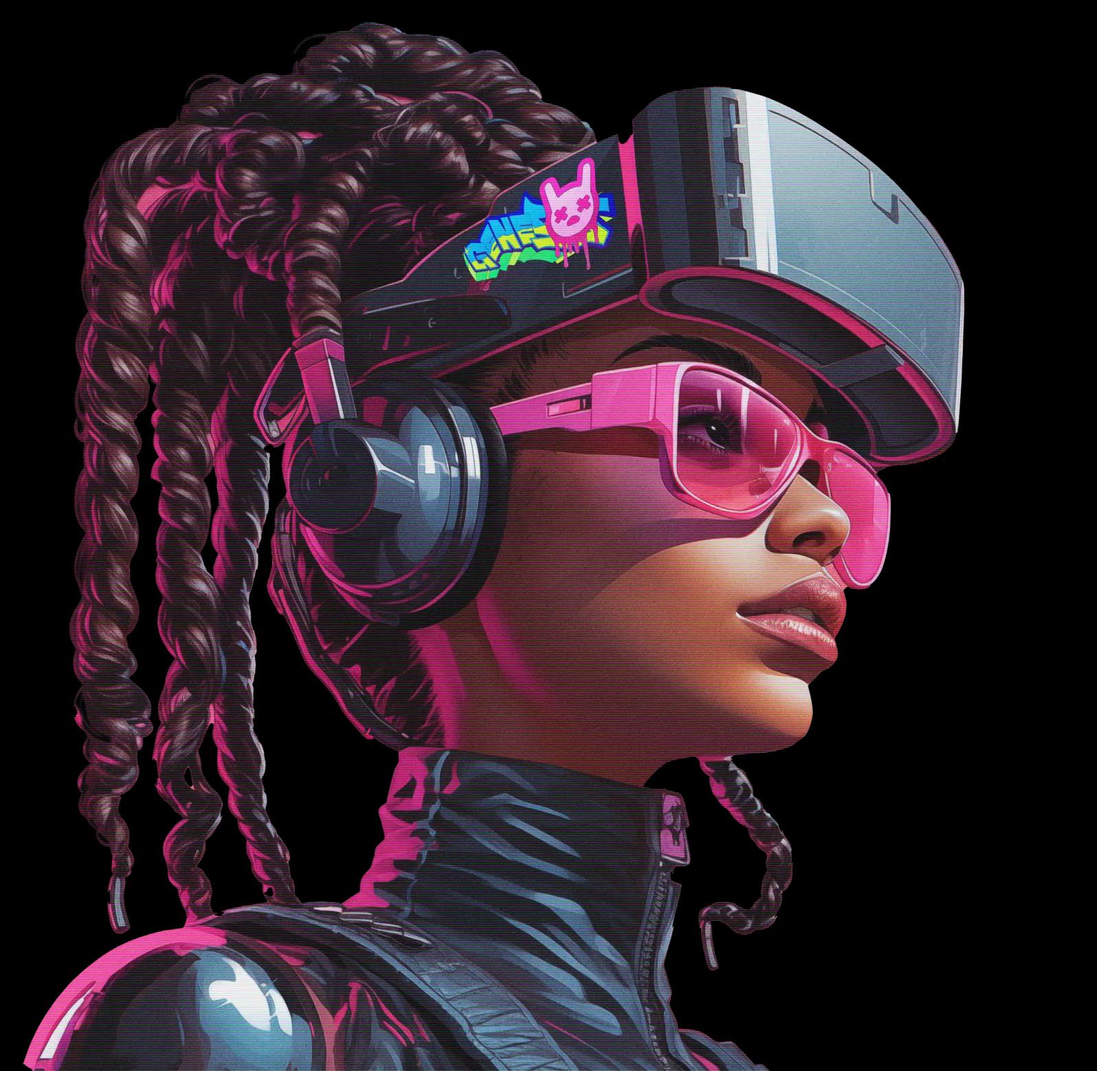 Girl using a VR headset using pink glasses and headset